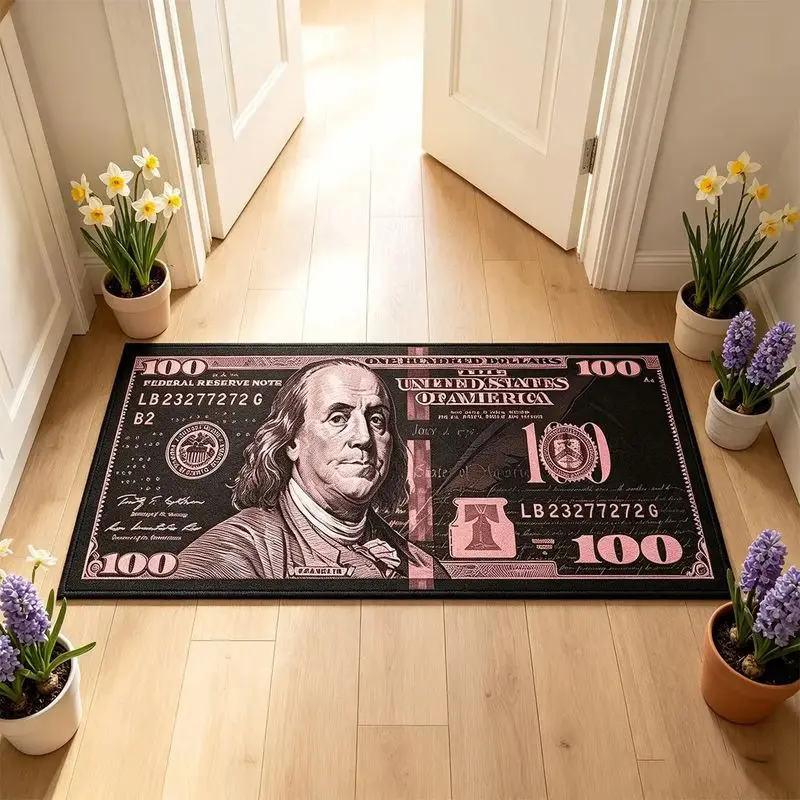 VIKAMA Dollar Bill Pink Flannel Bedside Rug for Bedroom Long Runner Mat Plush Cozy Aesthetic Washable Home Decor