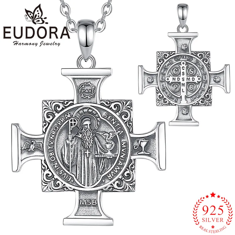 

Eudora стерлингового серебра 925 пробы, ожерелье Святого Бенедикта, крест-амулет, религиозный кулон для мужчин и женщин, винтажные изысканные ювелирные изделия, подарки