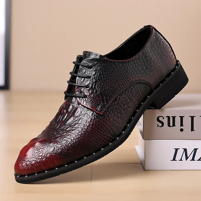 

Fashion Men's Crocodile Grain Leather Dress Shoes Autumn Man Casual Pointed Toe Oxfords Mens Lace-Up Business Office Oxford Shoe