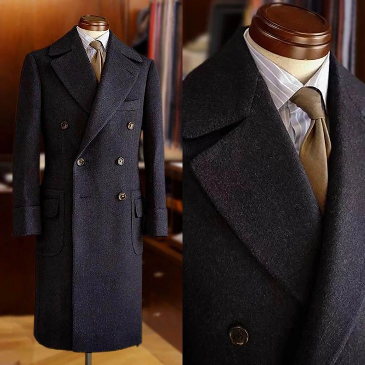 Customized Vintage Fashion Wool Mens Coat Winter Warm Overcoat Classic Fit Groom Business Formal Wear Long Jacket One Piece