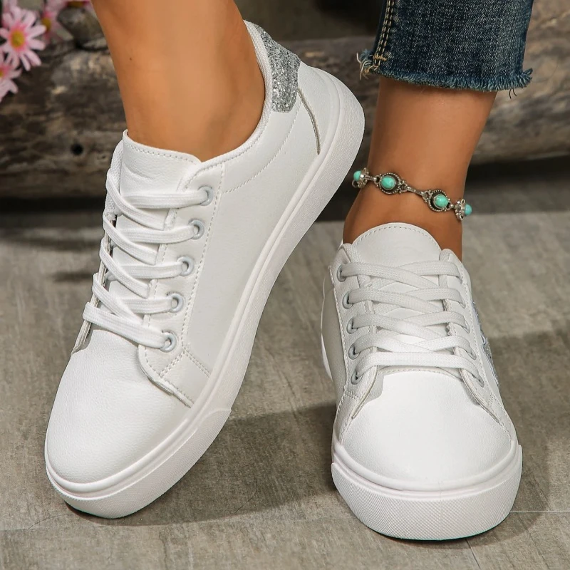 Spring Autumn Casual Flat White Shoes Star Pattern Lace-up Vulcanized Shoes Comfortable Breathable Fashion Sequins Student Shoes