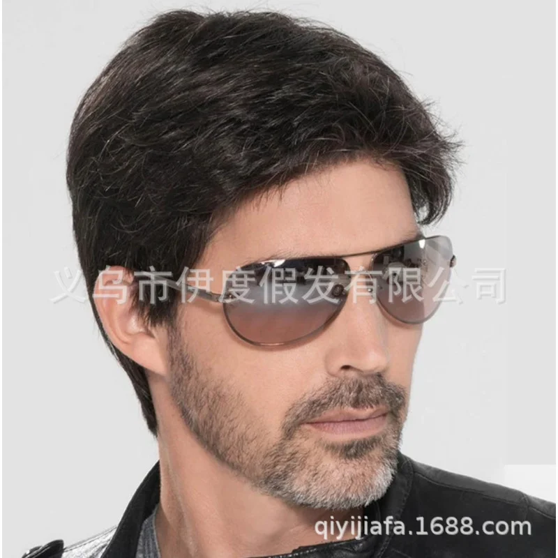 New fashion , European American men's wigs with side bangs and short curly hair