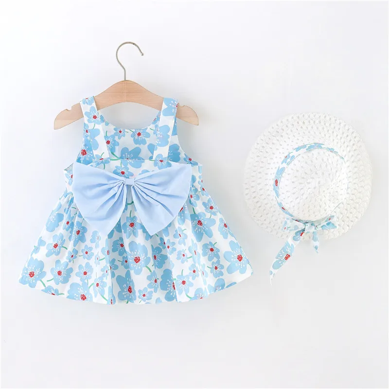 2Pcs Summer Girls New Dress Sweet Sleeveless Small Flower Print Big Bow Cotton Cloth Skirt Suitable for 0-3 Years Old