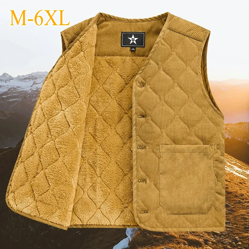 

2025 Winter Padded Warm Vest Men's Diamond Check Shoulder Undershirt Workwear Corduroy V-neck Jackets Men Clothing Large Size