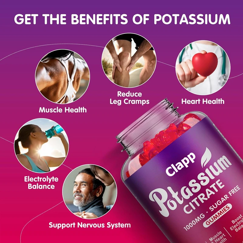 Potassium citrate 1000mg gummies, potassium supplement for adults and men, supporting leg spasms and muscle health, 60 pills