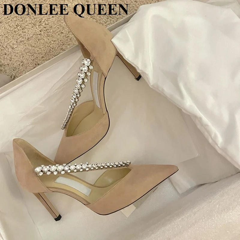 New Fashion Brand Crystal Embellished High Heels Shoes Women Pointed Toe Dress Rhinestone Wedding Party Pumps Black Suede Sandal