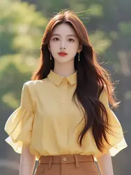 Elegant Solid Color Loose Single-breasted Blouse Women Short Sleeve Summer Lapel-collar Office All-match Lady Chiffon Shirt A102