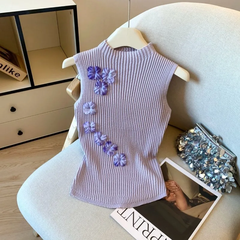 خريف جديد مزاجه Pitted سترة الحمالة المرأة ضيق ثلاثي الأبعاد زهرة الحرير الجليد محبوك للارتداء الخارجي