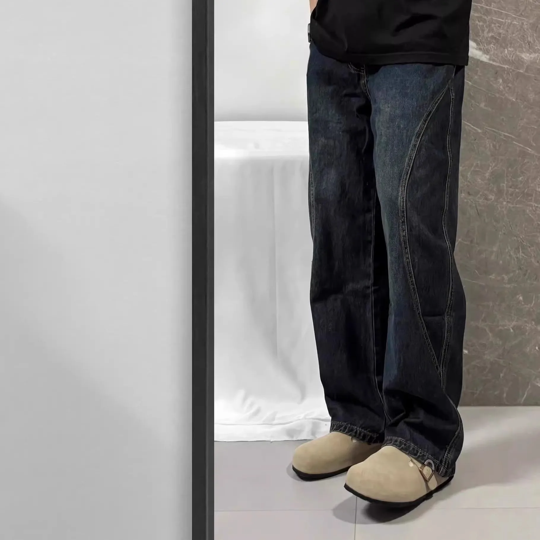 

American Retro Patchwork Jeans High Street Vibe Trendy Straight Leg Men's Micro Flared Casual Pants Youthful Summer Travel