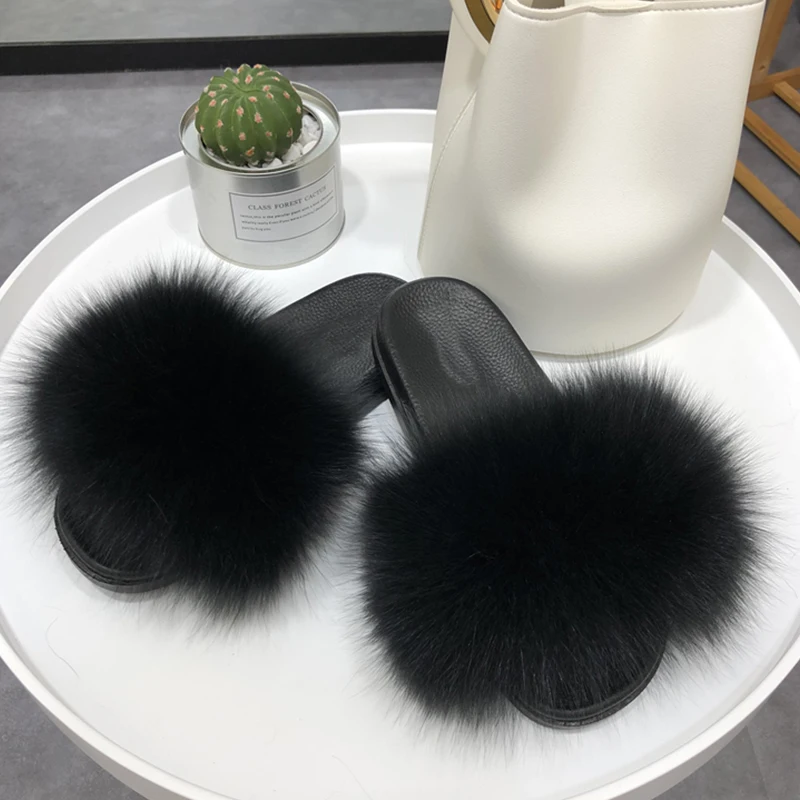 Real fox Fur Slippers Women Home Fluffy Sliders fur flip flops new luxury fur slides high quality natural fur Slippers