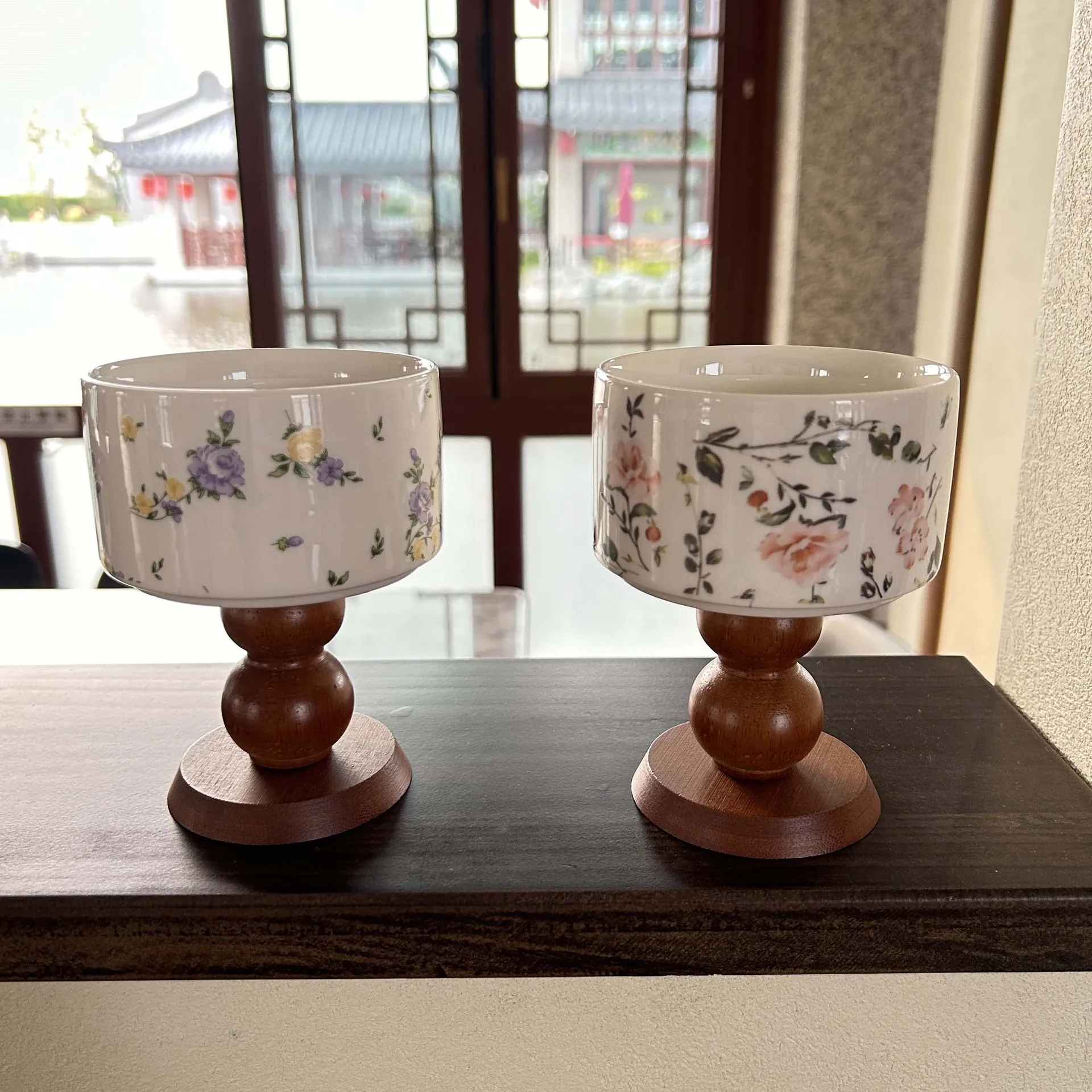 Vintage Floral Ceramic Candle Holder with Wood Base,Elevated TabletopOrnament for Home Decor,PremiumCandlestick for Aromatherary