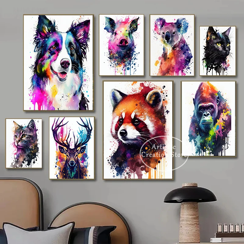 Watercolor Animals Poster Graffiti Raccoon Pig Tiger Panda Cat Canvas Painting and HD Prints Wall Art Picture Bedroom Home Decor