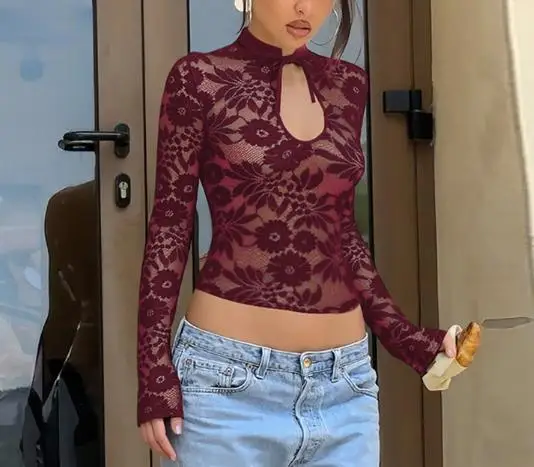 

Top Women 2026 New Spring Autumn Fashion Sexy Lace Perspective Spicy Girl Stand Collar Long Sleeve Casual Solid Color Basic Top