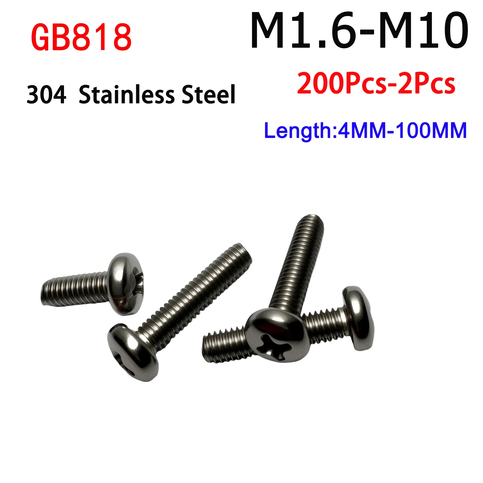 

2-200Pcs M1.6 M2 M2.5 M3 M4 M5 M6 M8 M10 Cross Phillips Round Pan Head Screw Bolt GB818 A2-70 304 Stainless Steel High Quality