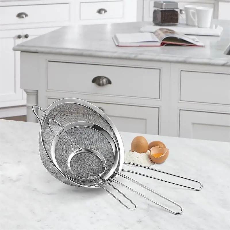 3Pcs Super Wire Extra Fine Mesh Strainer with Handle, Small Medium Large Size Sifter Metal Strainer Set, Stainless Steel