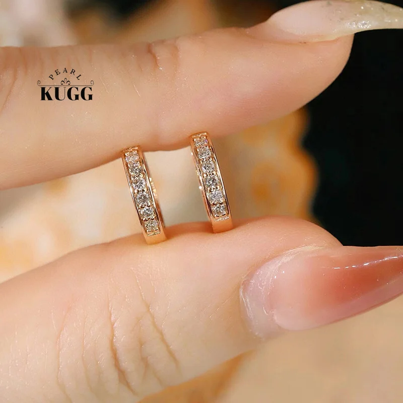 KUGG 100% 18K Rose Gold Earrings Fashion INS Style 0.18carat Real Natural Diamond Hoop Earrings for Women High Christmas Gift