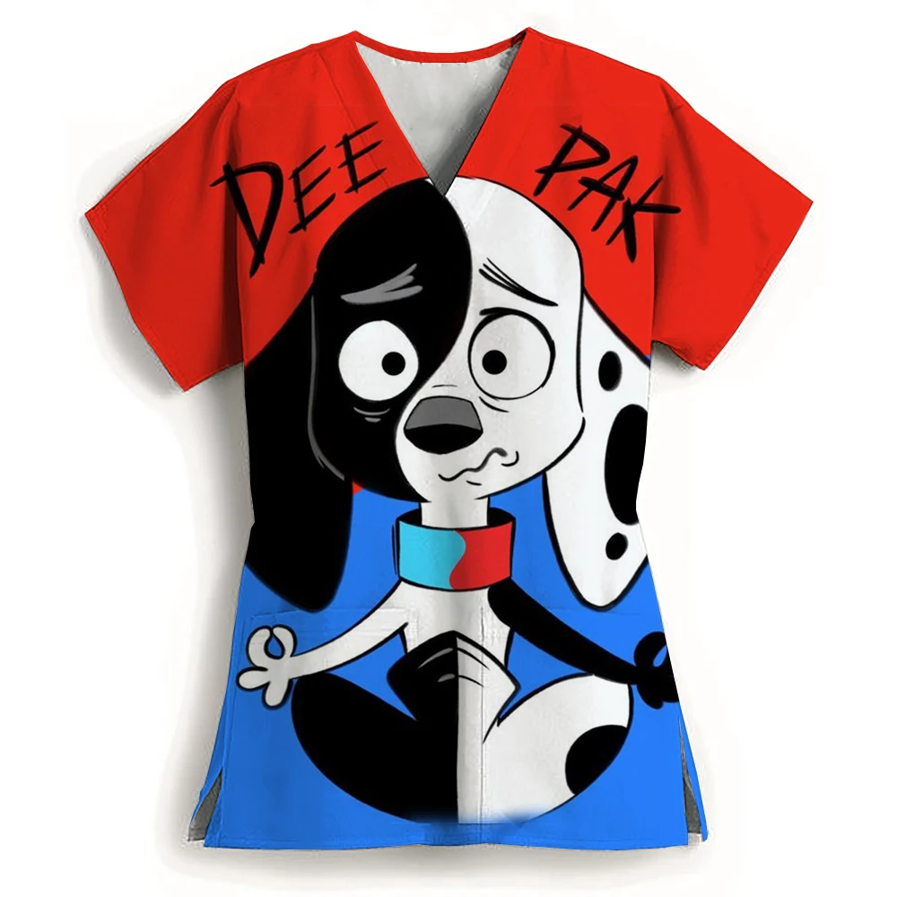 Women Working Uniform Print Pocket Disney 101 Dalmatians Nurse Uniform Solid Short Sleeve Spa V-neck Scrub Tops Healthcare Carer