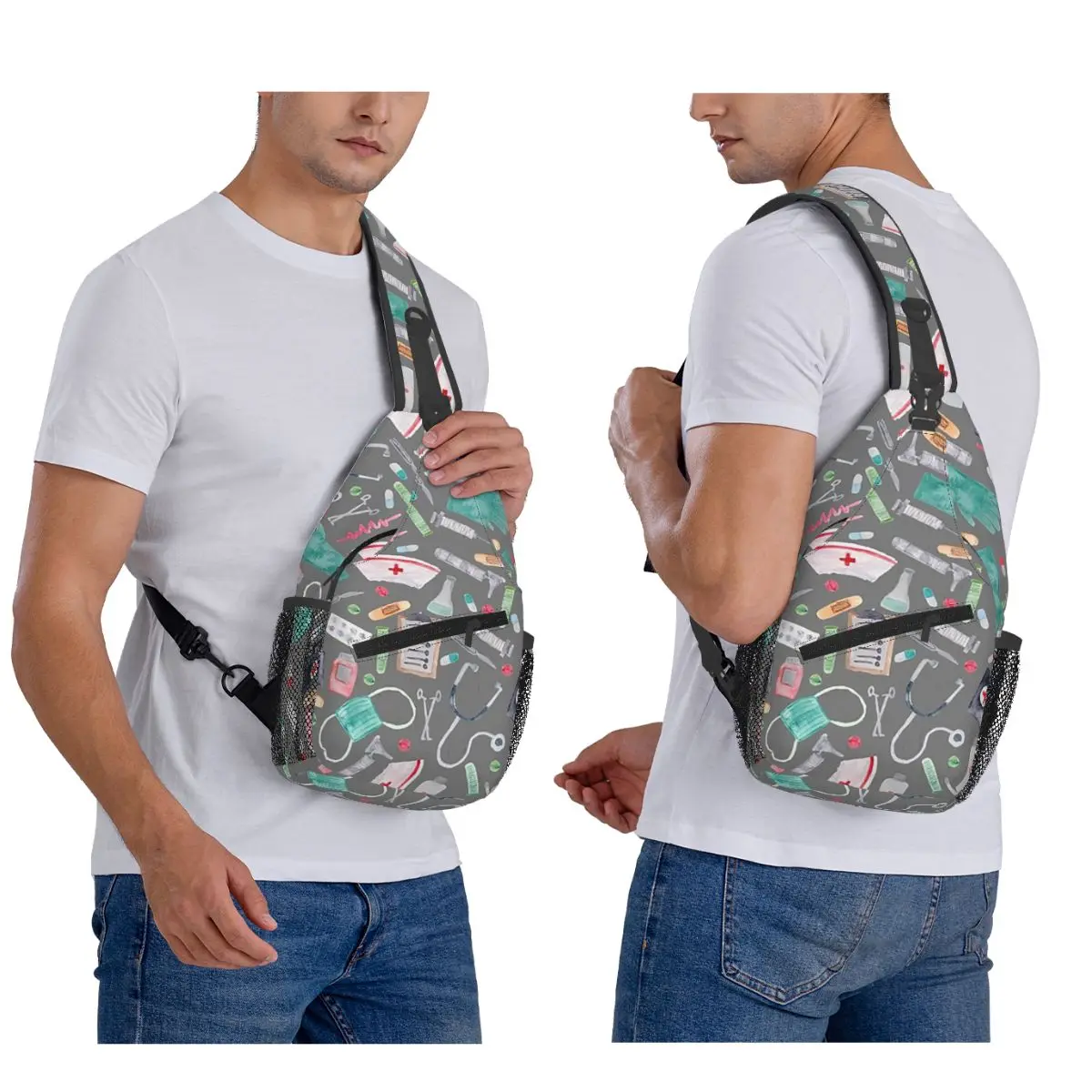 Medical Pattern Doctor Nurse Watercolor Texture Chest Bag Men Sling Crossbody Backpack Chest Bag Travel Daypack Shoulder Bag
