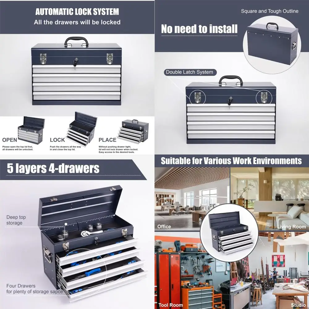 

Portable 4-Drawer Steel Toolbox with 5-Layer Storage, Metal Latches, Top Tray, and Carry Handle for Garage, Home, or Workshop