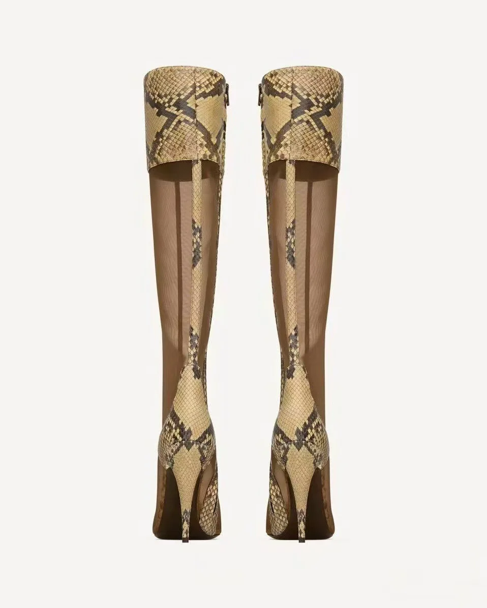 2026 New in Summer Snake-Print Breathable Mesh Boots sexy Pointy Toe High Heels Leather Women's Knee High Boot Designer Shoes