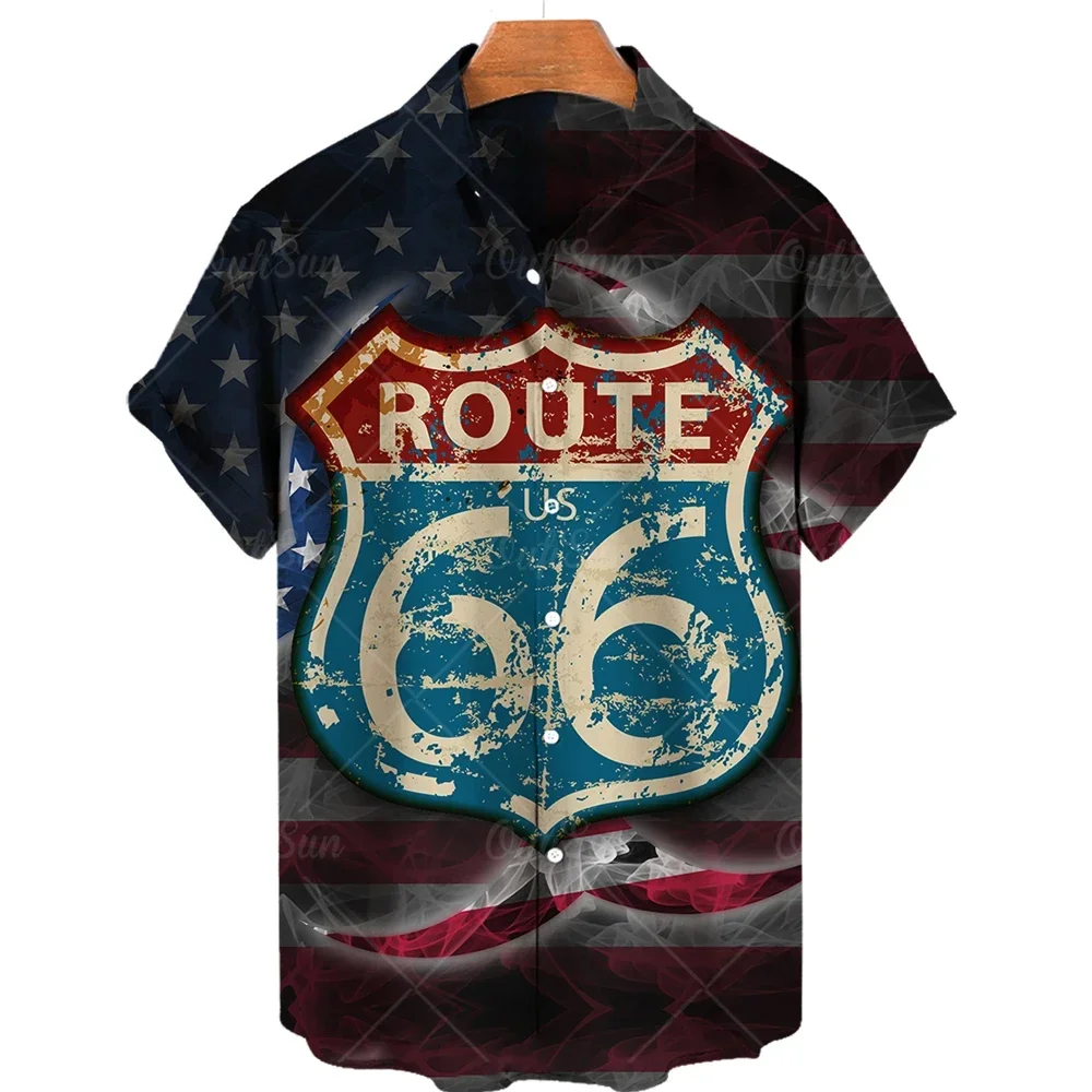 

2025 summer route 66 vintage shirt American flag 3d print Hawaiian shirt breathable short sleeve lapel men shirt men clothing