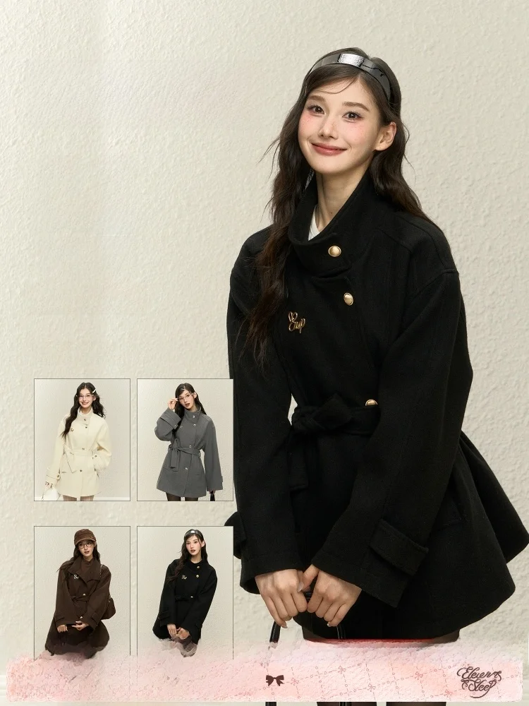 

ELEVEN SP Bla Woolen Coat Women's Small Size Beautiful Deep Winter Mid-Length Korean Sle Casual Commute Daily Wear