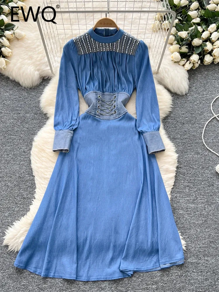 EWQ Diamond Studded Denim Splicing Dress For Women Stand Collar Long Sleeves Gathered Waist Elegant Dresses 2024 New 27X1712