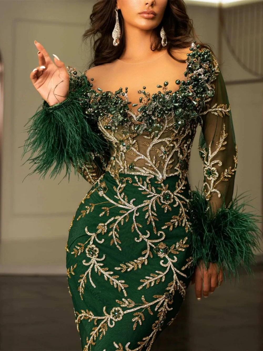 Green Mermaid Evening Dress For Formal Occasion Beaded Feathers Customized Fashion Wedding Party Bridal Dresses Vestido De Novia