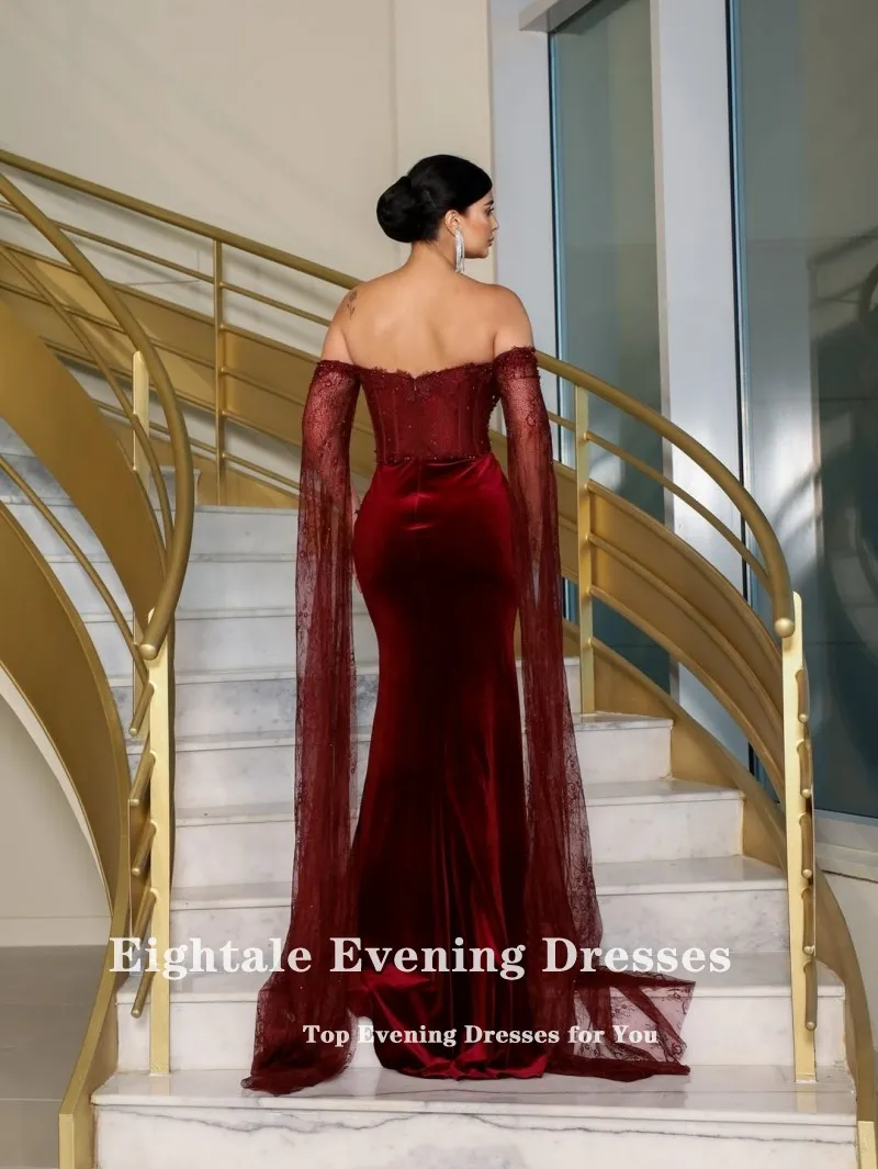Eightale ベルベット イブニング ドレス 結婚式 パーティー用 カスタマイズされたストラップレス ビーズ ネイビー ブルー マーメイド 長袖 アラビア プロムドレス