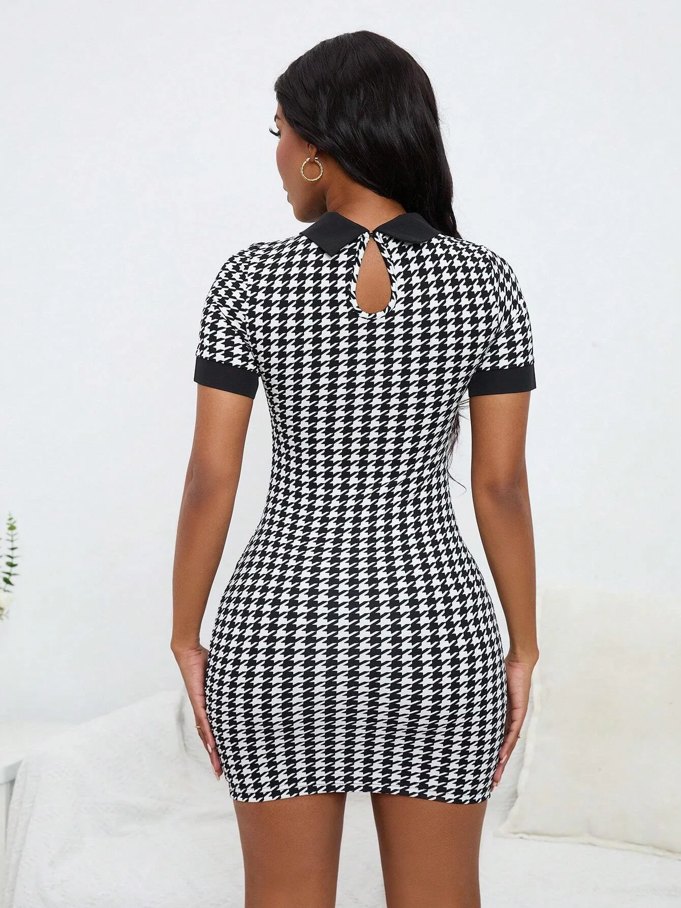 Houndstooth Print Mini Dress For Women Fashion Lapels Slim Sexy Bodycon Party Dress 2024 Summer Short Sleeves Skinny Vestidos