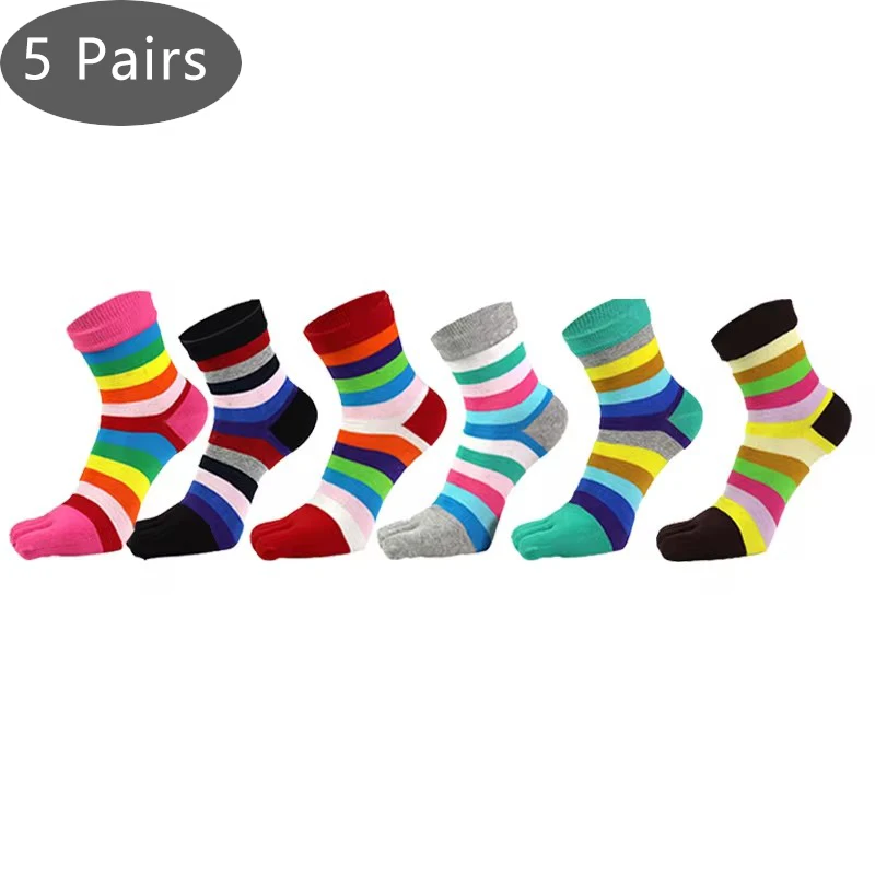 5 Pairs Women Toe Short Socks Pure Cotton Striped Rainbow Bright Color Sweat-Absorbing Happy Harajuku 5 Finger Socks 4 Seasons