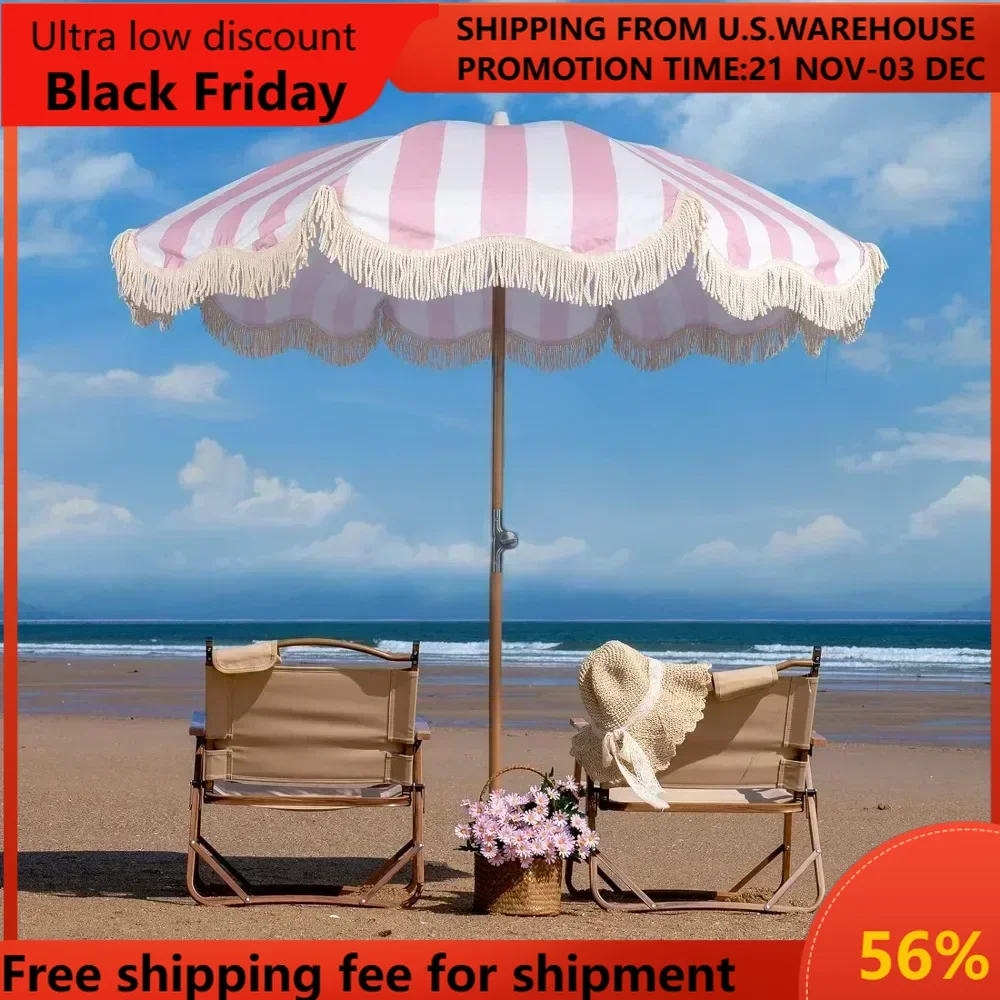 Beach Umbrella with Fringe, UPF 50+ Foldable Patio Boho Tassel Umbrellas with Carry Bag, Premium Wood Pole, 6.5ft Beach Umbrella