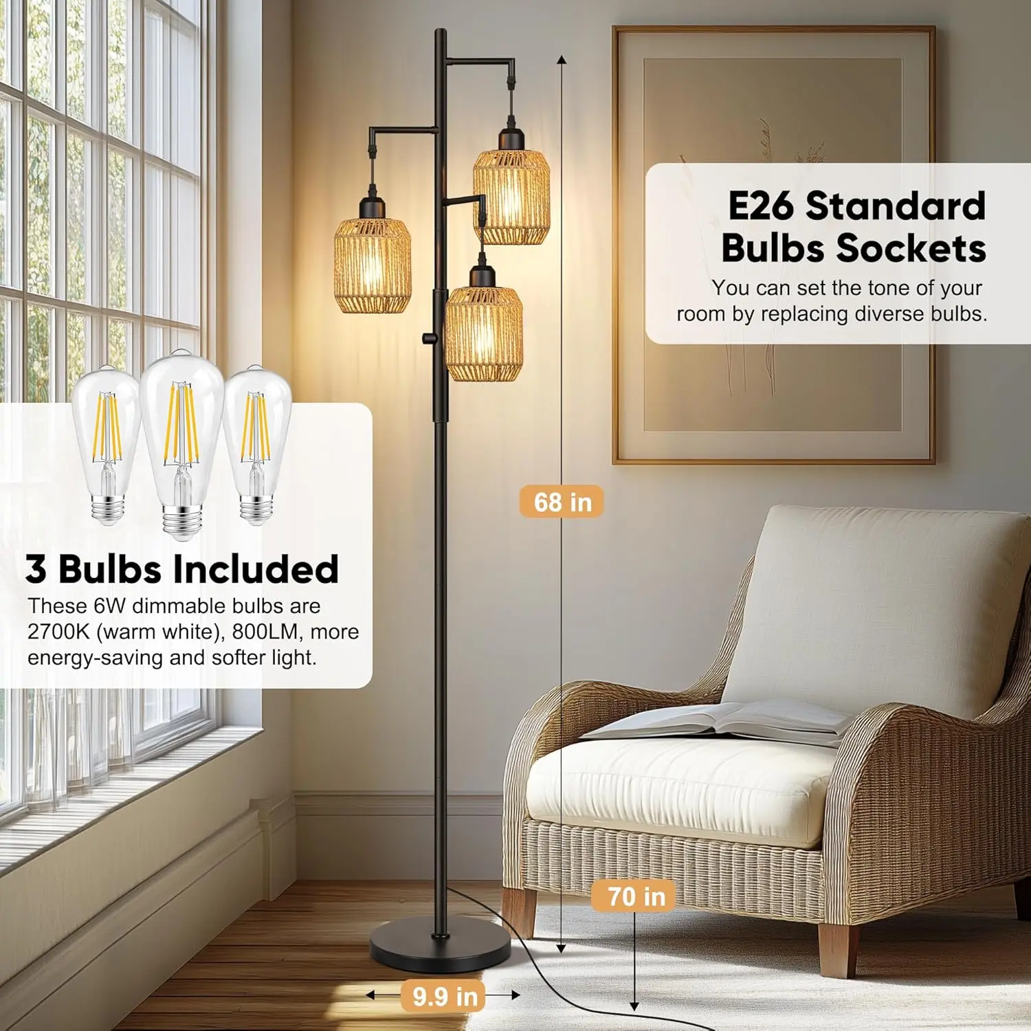 Luminária de Chão de Rattan Regulável com 3 Lâmpadas LED - Estilo Fazenda para Sala de Estar, Quarto, Escritório, 68 polegadas, Preta