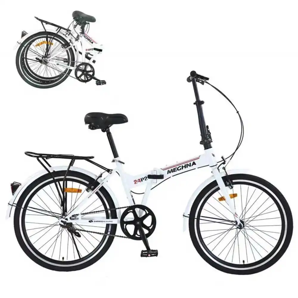 

24 Inch Adult Folding Bike: Fenders, Steel Frame, Single Speed, Dual V-Brake, Compact Commuter