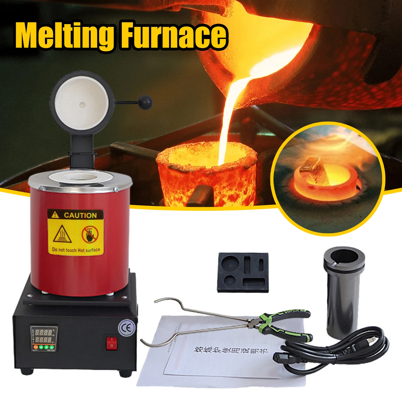 Portable 3KG Metal Melting Furnace Kit 1500W Electric Digital Casting Machine for Jewelry Making, 2102F Gold Smelting Furnace for Heat Treating Silver Copper Graphite Crucible Foundry for Small Business Hobbyist Scrap Metal Refining