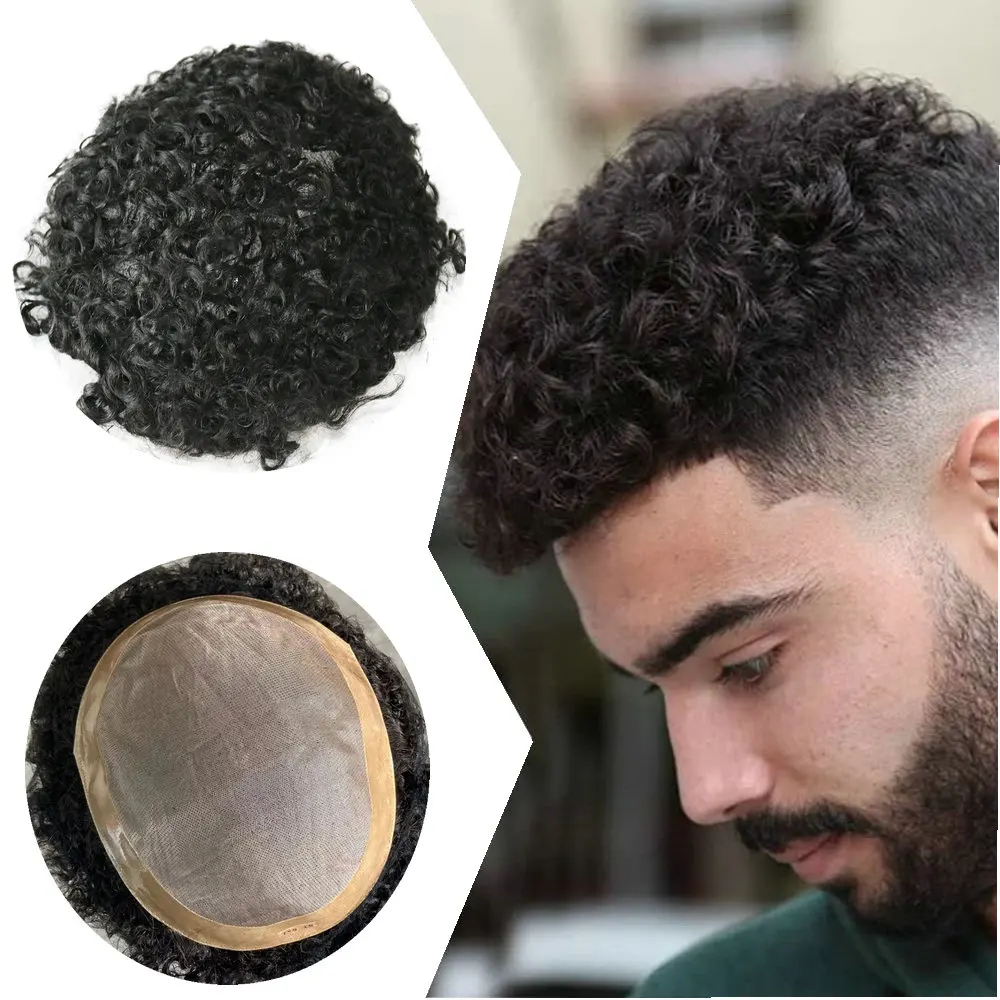 New Toupee Men 100% Human Hair Invisible Mono Lace Skin Pu Base Male Wigs 15mm20mmCurly  Natural Hairline Replacement Prosthesis