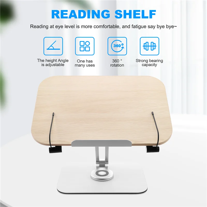 AB45 Foldable Desktop Holder Adjustable Bracket For Reading,With 360° Rotating Base & Page Clips