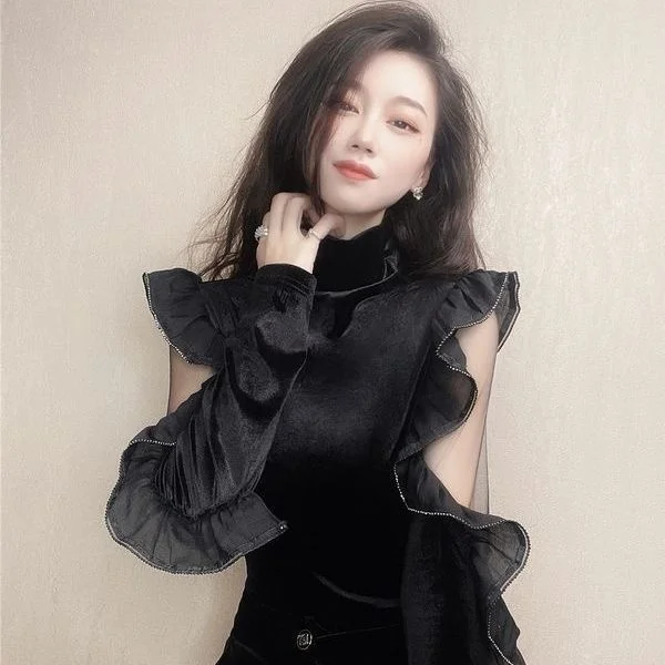 

Sexy Ruffle Velvet Blouse for Women 2023 Design Top Vintage Clothes for Women Tops Shirts Blouses
