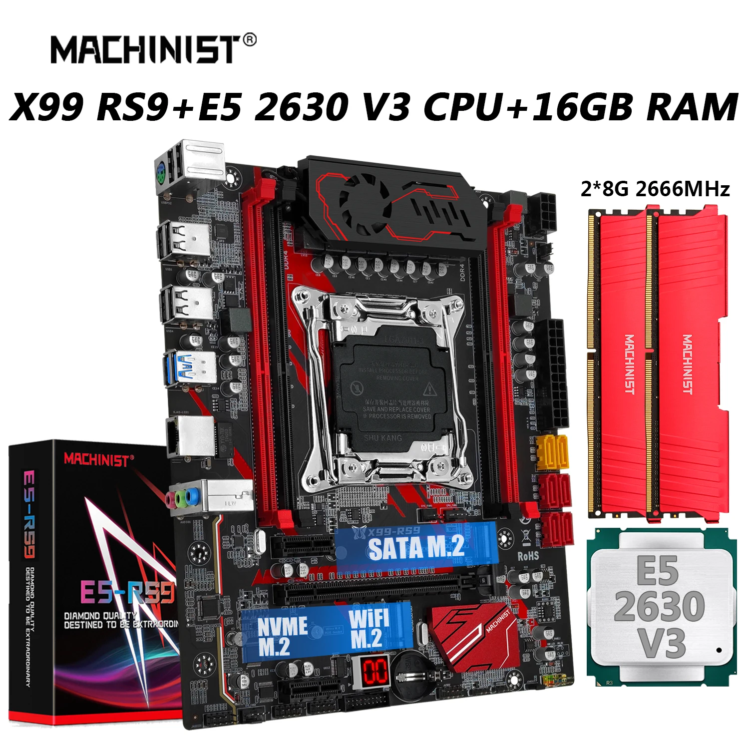 

MACHINIST RS9 X99 Motherboard Set LGA 2011-3 Xeon E5 2630 V3 CPU Kit Processor DDR4 2*8GB 2666MHz RAM SATA NVME M.2 Four Channel