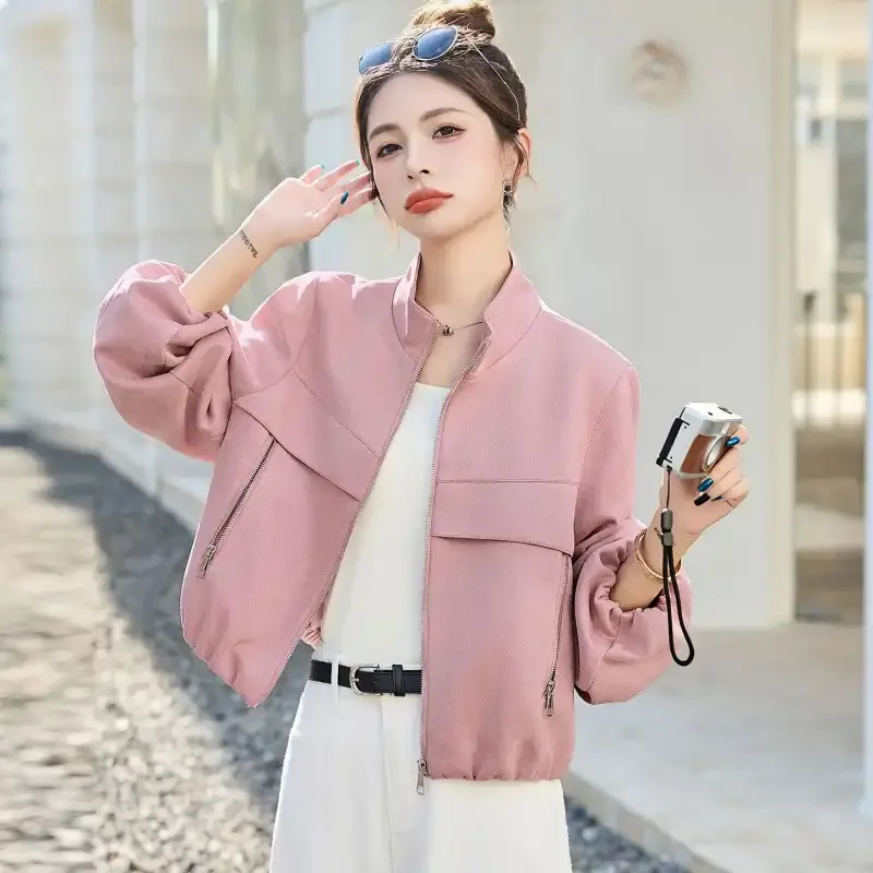 

Pink Zippered Short Jacket With Pockets And Spliced Design For Women Casual Spring Autumn Wear