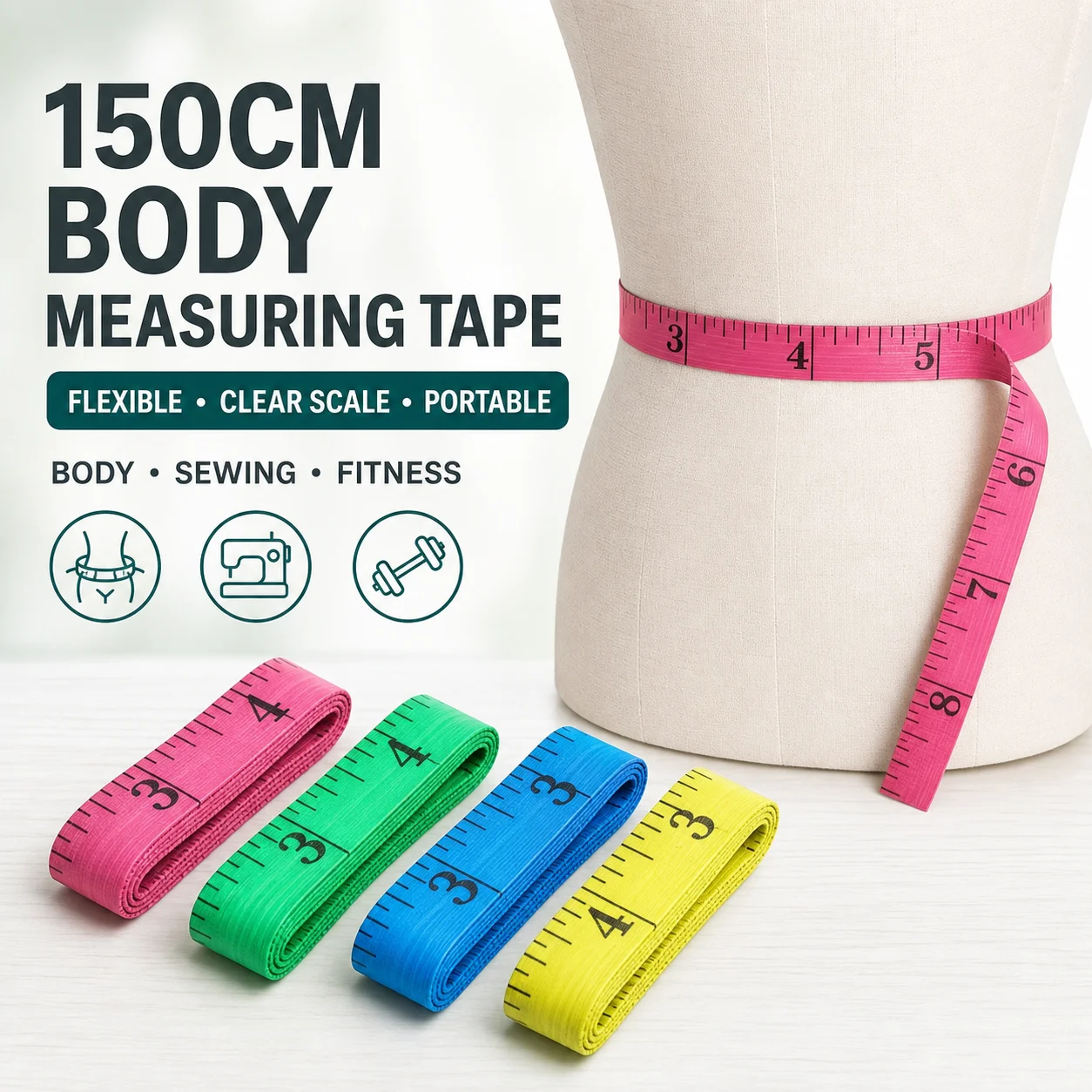 150cm Body Measuring Tape Soft Waist Bust Hip Flexible Tailor Ruler for Sewing Dressmaking Fitness Weight Loss Clothing Size
