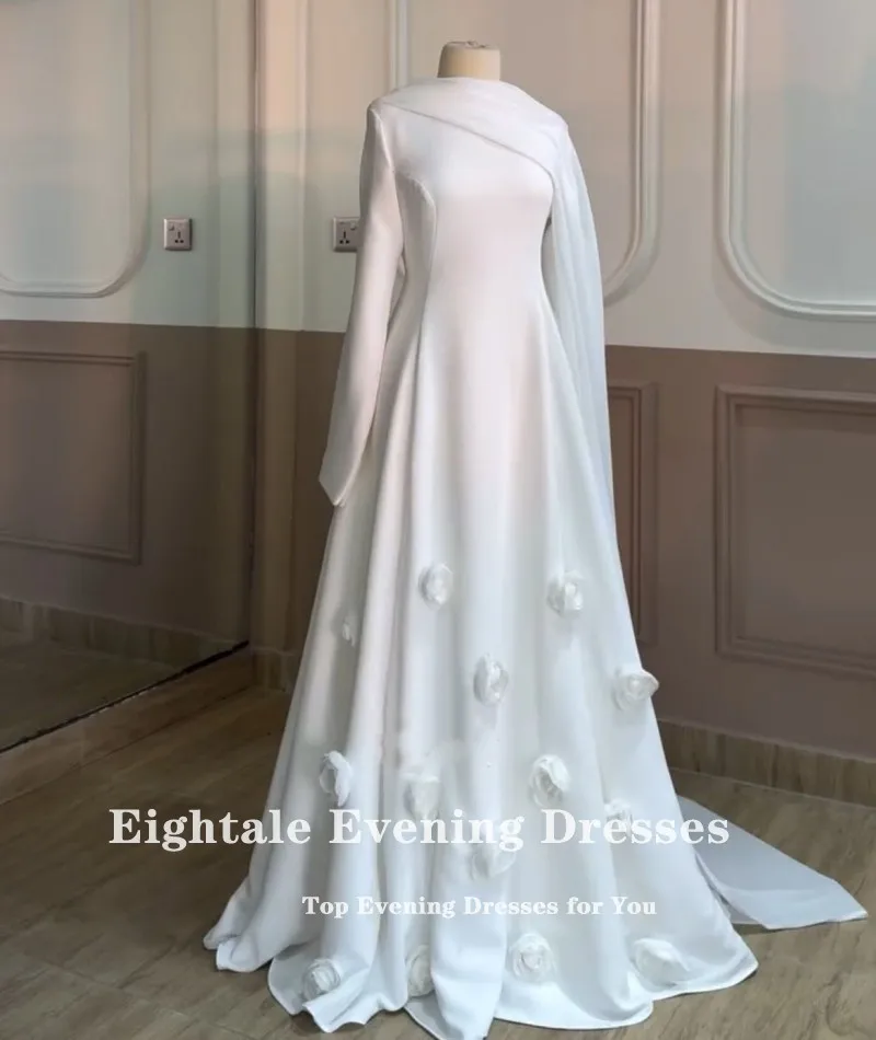 Eightale vestido de casamento árabe o pescoço personalizado marfim cetim vestido de noiva 3d flores a linha até o chão vestido de festa de noiva muçulmana
