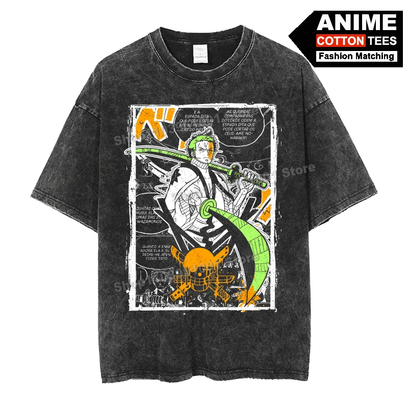 

Retro Street Styl T Shirt Anime ONE PIECE - Roronoa Zoro Graffiti Cover Print Clothes Cotton Loose Men Women Short Sleeve Tees