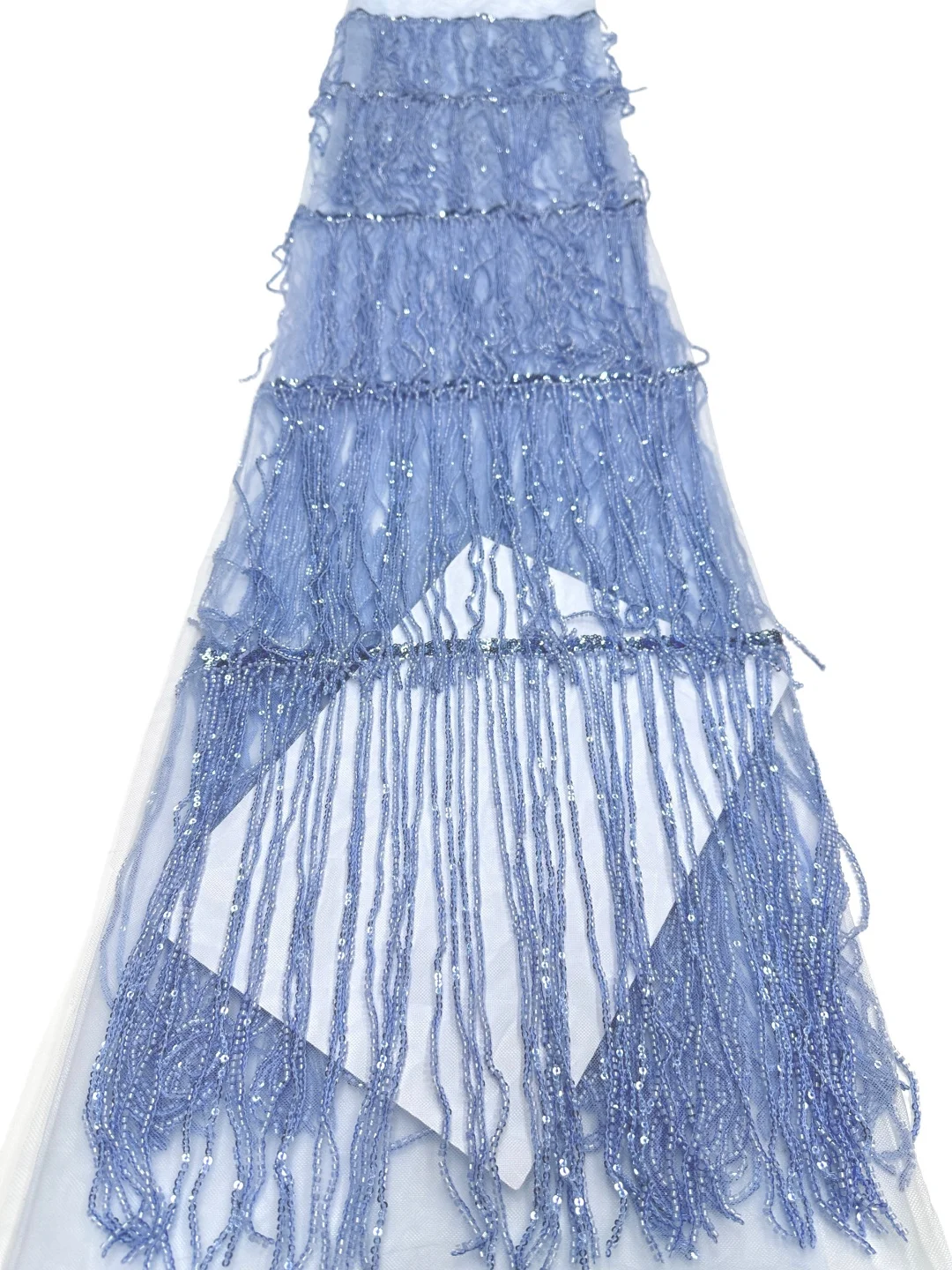 Ice Blue Tube Bead Tassel Fabric, Luxury Sheer Tulle with Layered Dangling Beaded Fringe Embroidery for Wedding Gown Evening