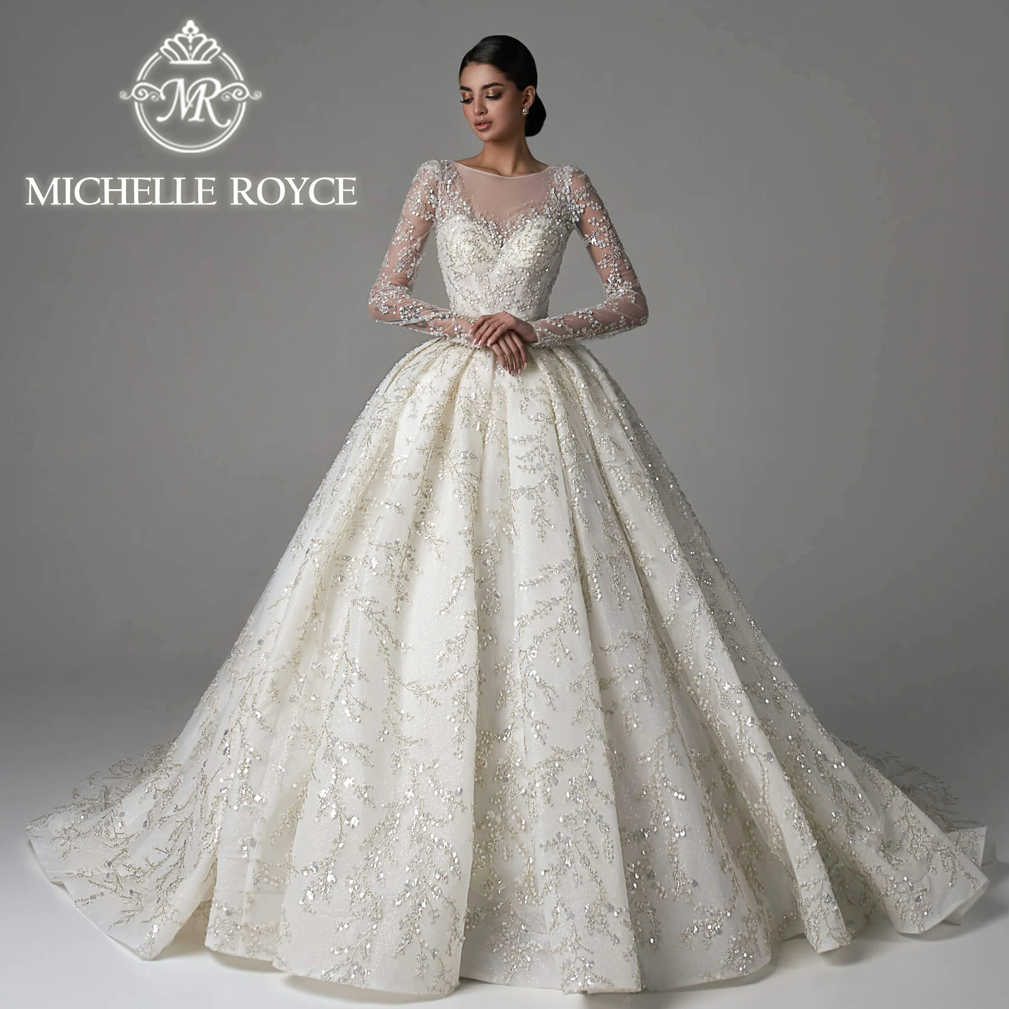 

Michelle Royce Ball Gown Wedding Dresses For Woman High Quality Extravagant Sequined Illusion Wedding Gown Vestidos De Novia