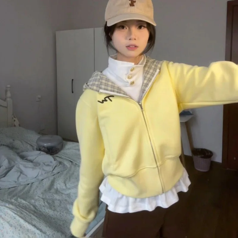 American Retro Yellow Checkered Hoodies Women Spring Autumn New Zipper Hooded Sweatshirt Versatile Age Reducing Short Top Jacket