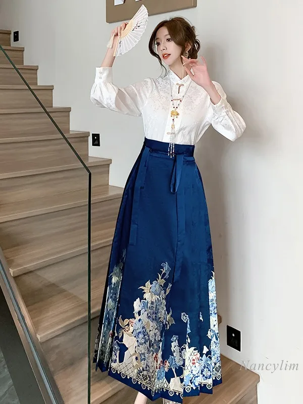 

New Chinese Style Horse-Face Skirt for Women 2024 Spring and Autumn Female New Long Slirts Daily Improved Hanfu Outfits