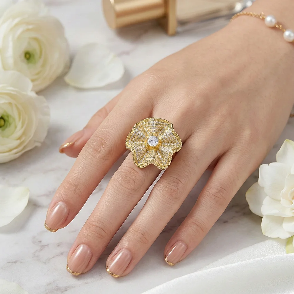 

YLMyself Large Flower Ring Full Crystal Pave Copper Statement Fashion Jewelry For Women