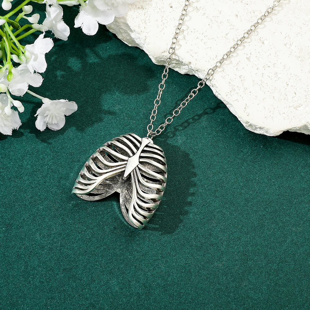 Retro Gothic Rib Cage Skeleton Heart Pendant Necklace
