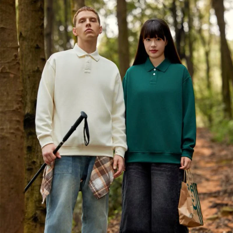 350gsm メンズヘビーコットンポロシャツ ヨーロッパ風カジュアル通勤ルーズフィットTシャツ 秋 ターン ダウンカラー 長袖 オフィス トップス ユニセックス